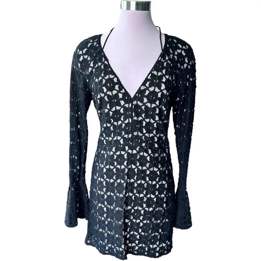 NWOTFree People Back To Black Black Crochet Mini Bell Sleeve Boho Dress Med or 6